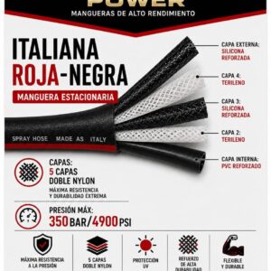 Manguera de pulverización UHLTRA POWER de 5 capas estilo italiano negra y roja, SKU IMP36575