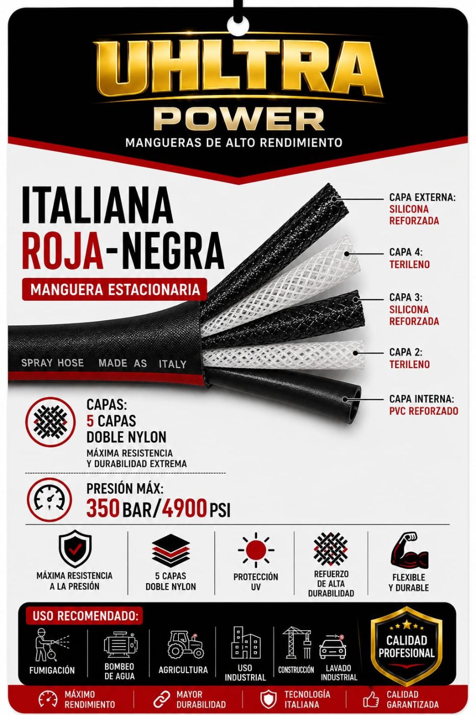 loednwl6tevrah2beaf3.jpg Manguera de pulverización UHLTRA POWER de 5 capas estilo italiano negra y roja, SKU IMP36575