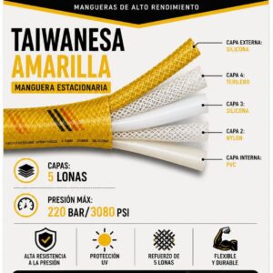 Manguera para pulverizador UHLTRA POWER amarilla de estilo taiwanés de 5 capas — 220 bar, SKU IMP36573