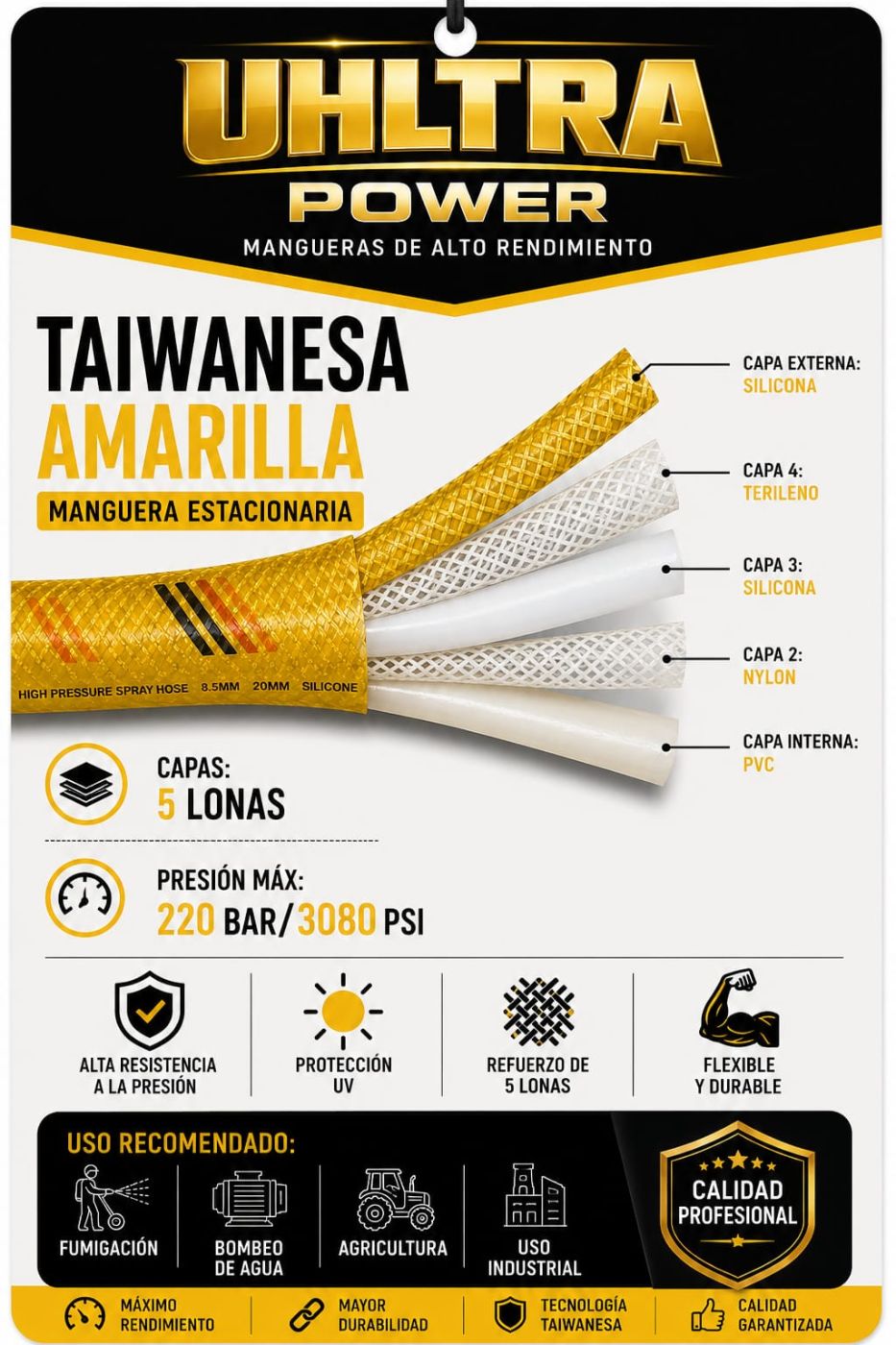 qf5kxd51wg2cdbn3xpde.jpg Manguera para pulverizador UHLTRA POWER amarilla de estilo taiwanés de 5 capas — 220 bar, SKU IMP36573